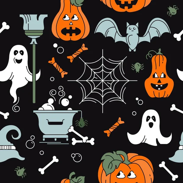 Padrão Halloween Sem Costura Contexto Vetor Ilustração Colorida Abóbora Teia — Vetor de Stock