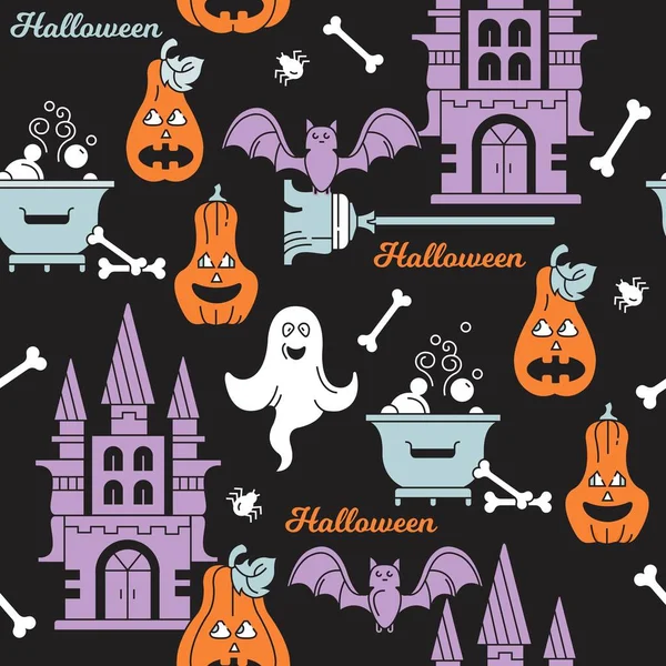 Padrão Sem Costura Com Feliz Halloween Contexto Vetor Ilustração Colorida — Vetor de Stock