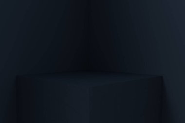 Ürün gösterimi için boş alanın 3B görüntülenmesi. Kare kaide, koyu mavi arkaplan. Yüksek kalite fotoğraf