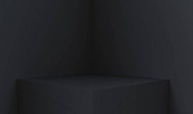 Ürün gösterimi için boş alanın 3B görüntülenmesi. Kare kaidesi, koyu arkaplan. Yüksek kalite fotoğraf