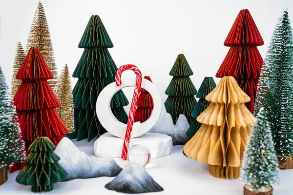 Kerst Achtergrond Met Decoratieve Kerstbomen Snoepgoed Reclame Concept Hoge Kwaliteit — Stockfoto