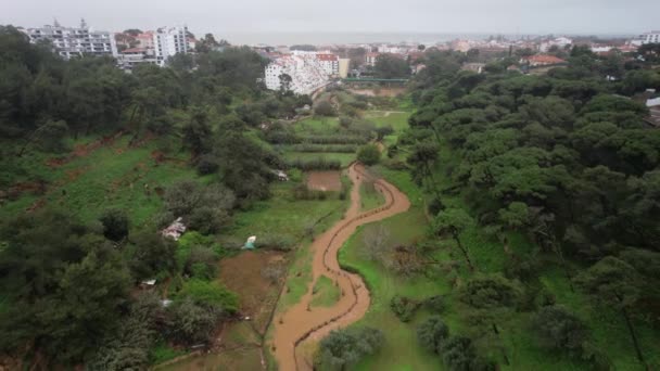 Imagens Drones Aéreos Inundações Perto Ribeira Das Vinhas Cascais Portugal — Vídeo de Stock