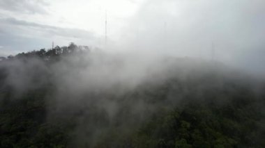 Minas Gerais, Brezilya 'da bulutların ve ağaçların üzerindeki sisli yağmur ormanlarının insansız hava aracı görüntüsü