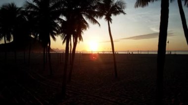 Flying between palm trees towards the ocean at Copacabana Beach, Rio de Janeiro, Brazil - backlit and sunrise