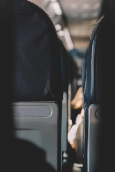 Interior Empty Modern Aircraft Blue Flight Seats Hallway Daytime Flight — Stock Photo, Image