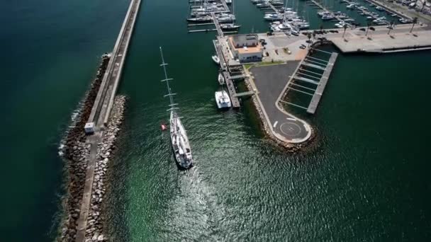 Aerial Drone Reveal Large Ship Sailing Cascais Marina Cascais Portugal — Stock Video