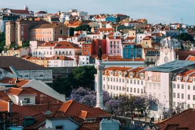 Lizbon 'un Baixa ilçesindeki Rossio Meydanı' nın yüksek perspektifli manzarası, Portekiz bahar zamanı menekşe Jacaranda yapraklarıyla kaplı