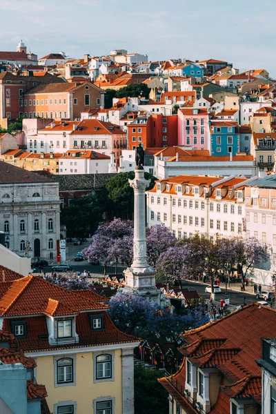 Hög Utsikt Över Rossio Square Stadsdelen Baixa Lissabon Portugal Täckt — Stockfoto