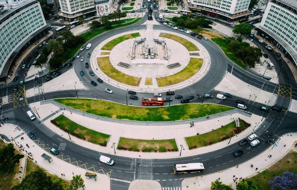 stock image Aerial drone view of Marquis of Pombal Square roundabout in Lisbon, Portugal, a major landmark in the city