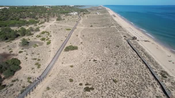 Drone Aéreo Con Vistas Las Dunas Playa Con Caminos Madera — Vídeos de Stock