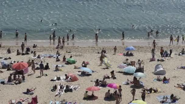 ポルトガル エリセイラ 2023年6月25日 ペスカドーレスビーチの多くの人々の高い展望日光浴と夏の間の水を楽しむ — ストック動画