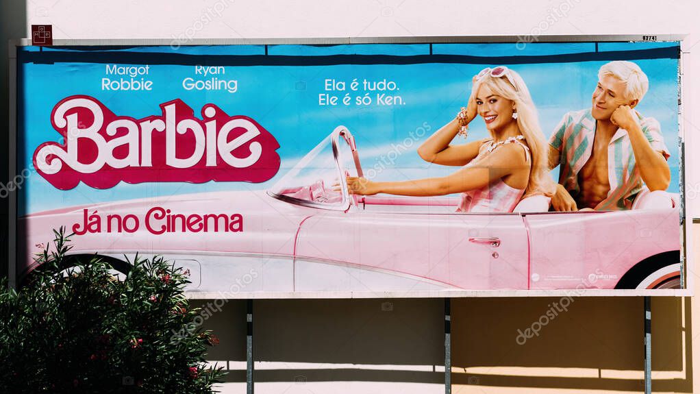 Lisbon, Portugal - July 27, 2023: Large Barbie movie advertisment banner poster in Lisbon, Portugal featuring Margot Robbie and Ryan Gosling