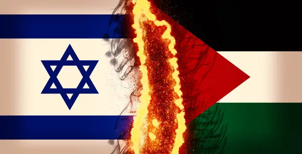 Israël Palestijnse Vlaggen Gedeeld Door Vuur Rook Digitale Composiet Rechtenvrije Stockfoto's