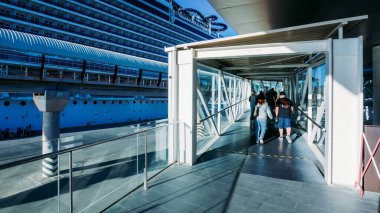 Malaga, İspanya - 22 Kasım 2023: Malaga, İspanya 'dan MSC Seaview yolcu gemisine binen yolcular