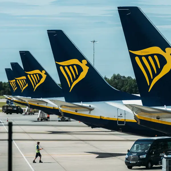 Stock image London Stansted, UK - June 29, 2024: A Row of Airplanes belonging to Ryanair Parked at the tarmac at Stansted Airport, London, UK