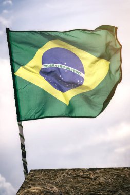 Canlı bir Brezilya bayrağı gururla dalgalanıyor tahta bir direğin üzerinde, açık bir gökyüzünün zeminine karşı.