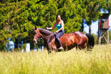 Fotoğrafta, güneşli bir yaz gününde, atının üzerinde bir yaz çayırında genç bir kadın görülüyor. Arka plandaki ormanda ve mavi gökyüzünde sadece bir dizginle eyersiz bindim..