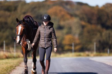 Genç bir kadın güneşli bir sonbahar gününde yolda yürüyor ve atını gezintiye çıkarıyor. Binicilik kıyafetleri ve eyerli bir atla. Arka planda sonbahar ormanı olan manzara formatında fotoğraf.