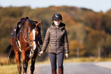 Genç bir kadın güneşli bir sonbahar gününde yolda yürüyor ve atını gezintiye çıkarıyor. Binicilik kıyafetleri ve eyerli bir atla. Arka planda sonbahar ormanı olan manzara formatında fotoğraf.