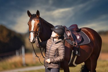 Sonbahar doğasında, gün ışığında yanında binicisi olan bir çayırdaki at..