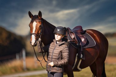 Sonbahar doğasında, gün ışığında yanında binicisi olan bir çayırdaki at..