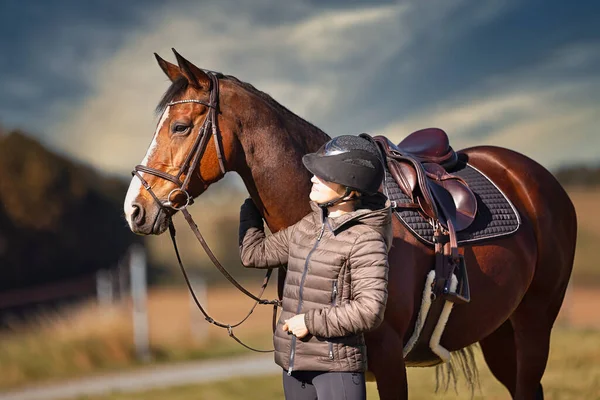 Sonbahar doğasında, gün ışığında yanında binicisi olan bir çayırdaki at..