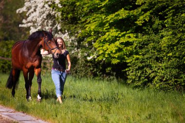 Genç bir kadın atıyla yürüyüşe çıkar. Hitergrund 'da bahar aylarında güneş parlıyor. Diken çiçek açıyor. Metin için alanı olan manzara biçimi.