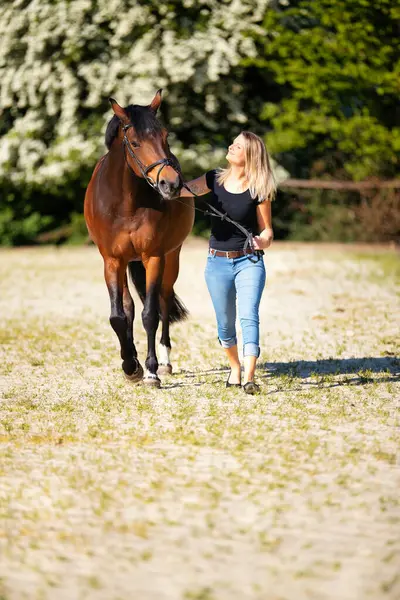 Genç bir kadın atıyla güneşli bir arenada duruyor. Arka planda, çiçek açan ağaçlar ve yeşil doğa, bulanık, kahverengi at ve kot pantolon giymiş kadının önünde izole edilmiş model..