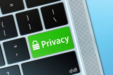 Bilgisayar klavyesindeki gizlilik tuşu. Ağ güvenliği internet siber koruma kilidi.