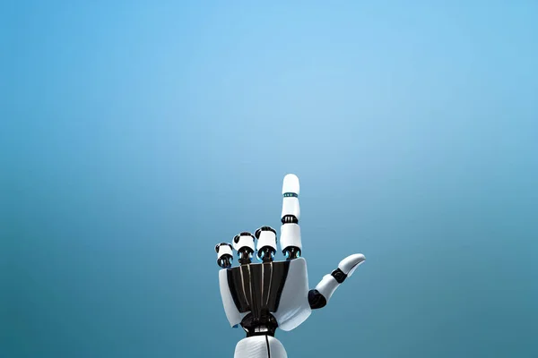 Robot el mavi soyut arkaplana dokunuyor. Robot teknolojisi kavramı