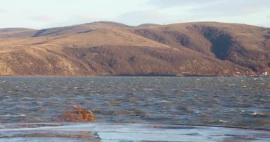 Özellikle rüzgarlı bir günde Golubac yakınlarındaki Tuna kıyılarından çekilen dalgalar sert betona çarpıyor ve kaya parçacıkları üzerine su püskürtüyor.