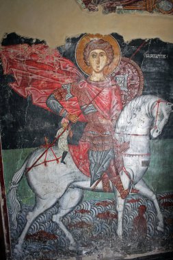 Pedoulas, Kıbrıs - 5 Eylül 2022: UNESCO Dünya Mirası Bölgesi ve Trodos Bölgesi boyunca yer alan Başmelek Michael (Başmelek Michael) kilise iç mimarisi. 