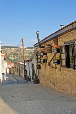 Omodos, Cyprus - September 5, 2022: Omodos is a village in the Trodos Mountains of Cyprus. Street of Omodos village