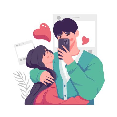 A romantic boyfriend is taking selfie with his darling girlfriend with great passion. Happy young couple portrait. Valentine's Day and Happy Anniversary concept.