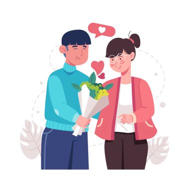 Young lover with heart shapes and bunch of flowers on Valentine's day. Happy young couple portrait. Romantic man gives a bunch of flowers to his darling girlfriend.