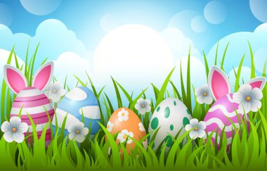 Happy Easter background with decorated Easter eggs and bunny ears. Traditional colored Easter eggs with green grass, flowers and sky background. clipart