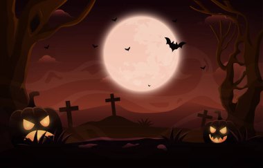 Halloween background design vector with scary night landscape of graveyard and glowing pumpkin under dark moonlight.
