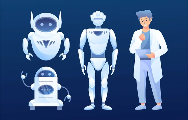 Conjunto Robots Lindos Vector Diseño Dibujos Animados Tecnología Personajes Cibernéticos — Vector de stock