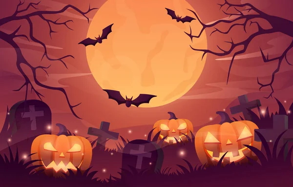 Halloween Achtergrond Ontwerp Vector Met Gloeiende Pompoen Enge Nacht Landschap — Stockvector
