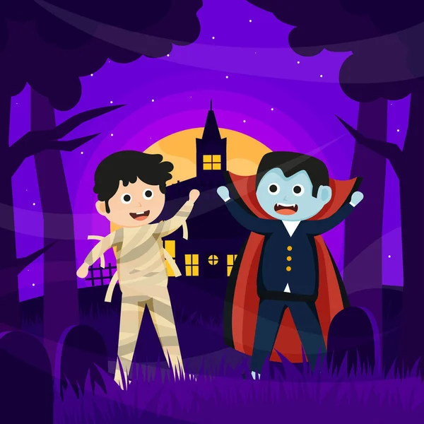 Šťastný Halloween Pozadí Design Vektor Dětmi Halloween Obvazy Upíří Kostýmy — Stockový vektor