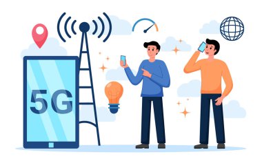 Mobil kablosuz 5. nesil teknoloji arka plan tasarım vektörü. 5G kablosuz sistem bayrağı, internet, büyük veri ve trafik. 5G kablosuz ağ teknolojisi kavramı.