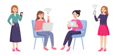 Çizgi film karakterleri akıllı telefonlar, dizüstü bilgisayarlar ve tablet vektör çizimleri ile daha hızlı bağlantı kurmak için mobil kablosuz teknoloji kullanıyorlar. 5G kablosuz ağ teknolojisi kavramı.
