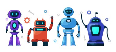 Şirin robotlar, sohbet robotları, yapay zeka karakterleri tasarım vektörü. Yapay zeka teknolojisi ve siber karakterler. Fütürist teknoloji hizmeti ve iletişim yapay zeka kavramı.