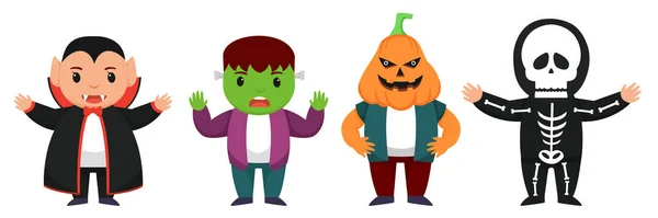 Halloween Character Vector Set Vampire Pumpkin Skeleton Costumes Kids Cartoon — 图库矢量图片
