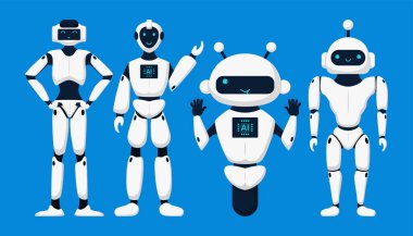 Şirin robotlar, sohbet robotları, yapay zeka karakterleri tasarım vektörü. Yapay zeka teknolojisi ve siber karakterler. Fütürist teknoloji hizmeti ve iletişim yapay zeka kavramı.