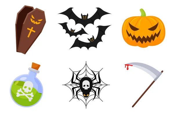 Halloween Icons Element Vector Set Tombstone Bat Pumpkin Spider Other — Stock Vector