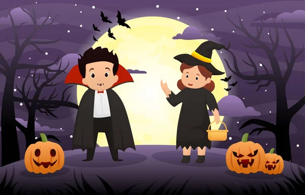 Cadılar Bayramı Nda Vampir Cadı Kostümlü Çocukların Olduğu Arka Plan — Stok Vektör