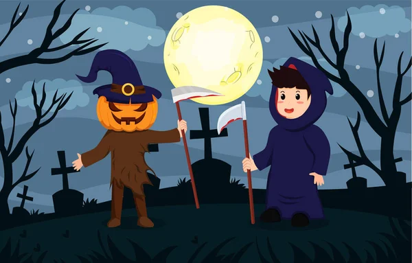 Cadılar Bayramı Nda Balkabağı Şeytani Cadılar Bayramı Kostümlü Çocukların Olduğu — Stok Vektör
