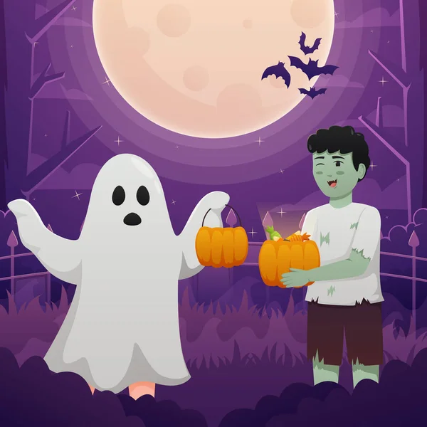 Šťastný Halloween Pozadí Design Vektor Dětmi Duch Upíří Kostýmy Léčit — Stockový vektor