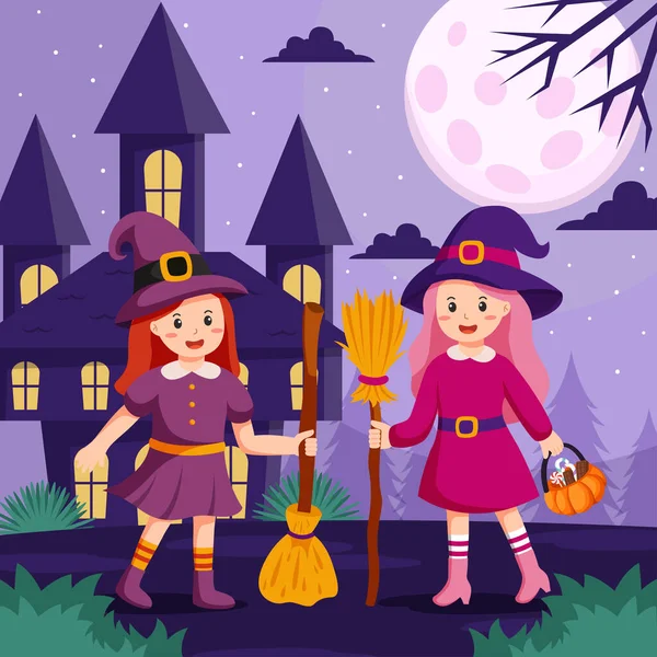 Cadılar Bayramı Nda Cadılar Bayramı Kostümlü Çocukların Olduğu Arka Plan — Stok Vektör